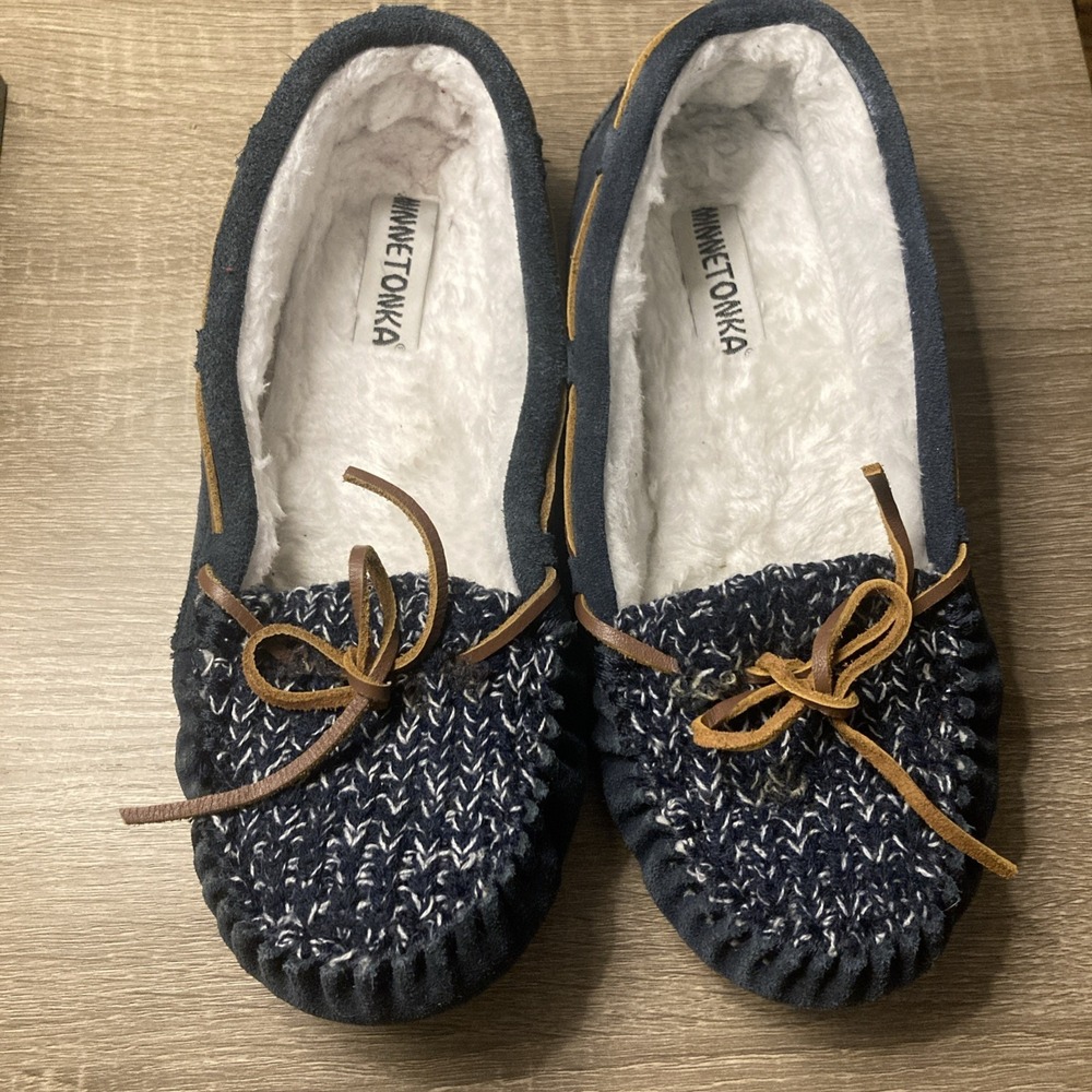 Minnetonka Lodge Trapper Moccasin Slippers Blue‎ White Size 10M Woven Top